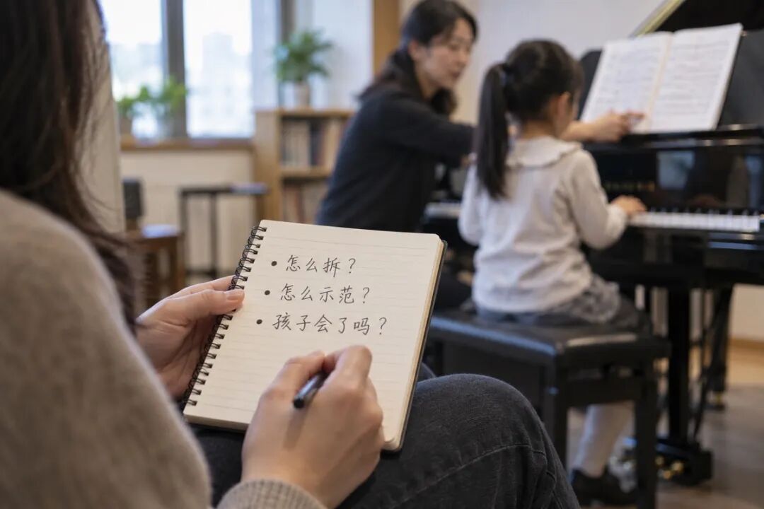 A close-up of a small notebook held by a parent observing a lesson, with the classroom blurred in the background. Three short questions in Chinese mean "How is it broken down?", "How is it demonstrated?", and "Has the child learned it?" They form a practical observation checklist.