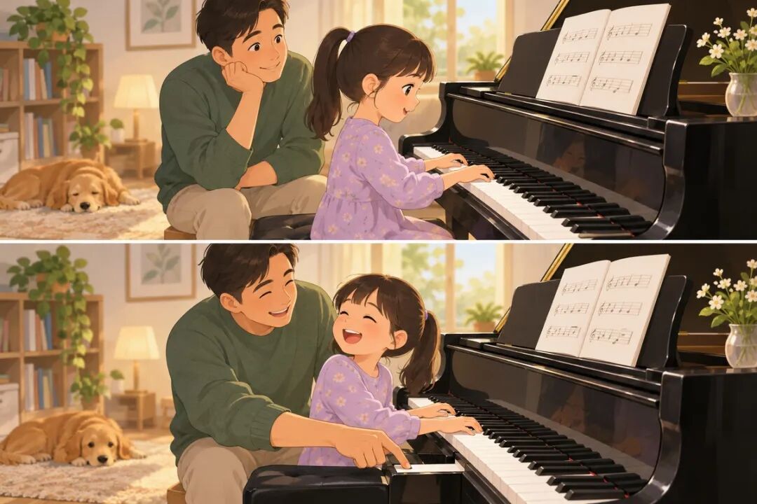 Two panels: a girl plays the melody while her father watches; then he joins in with a single note and they both smile, illustrating how a parent can accompany a child by playing just one note.