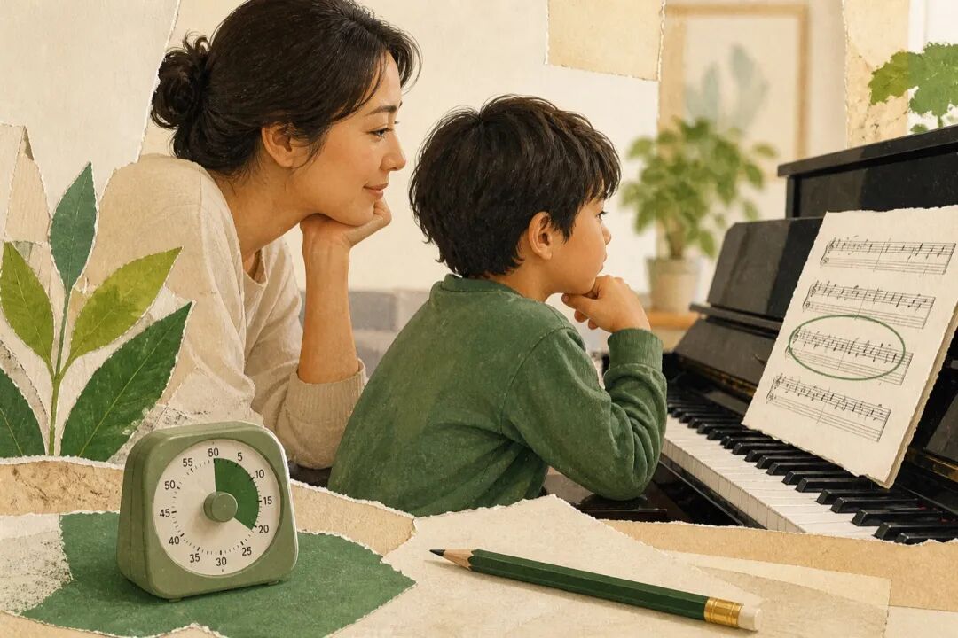 A parent observes a child's practice process