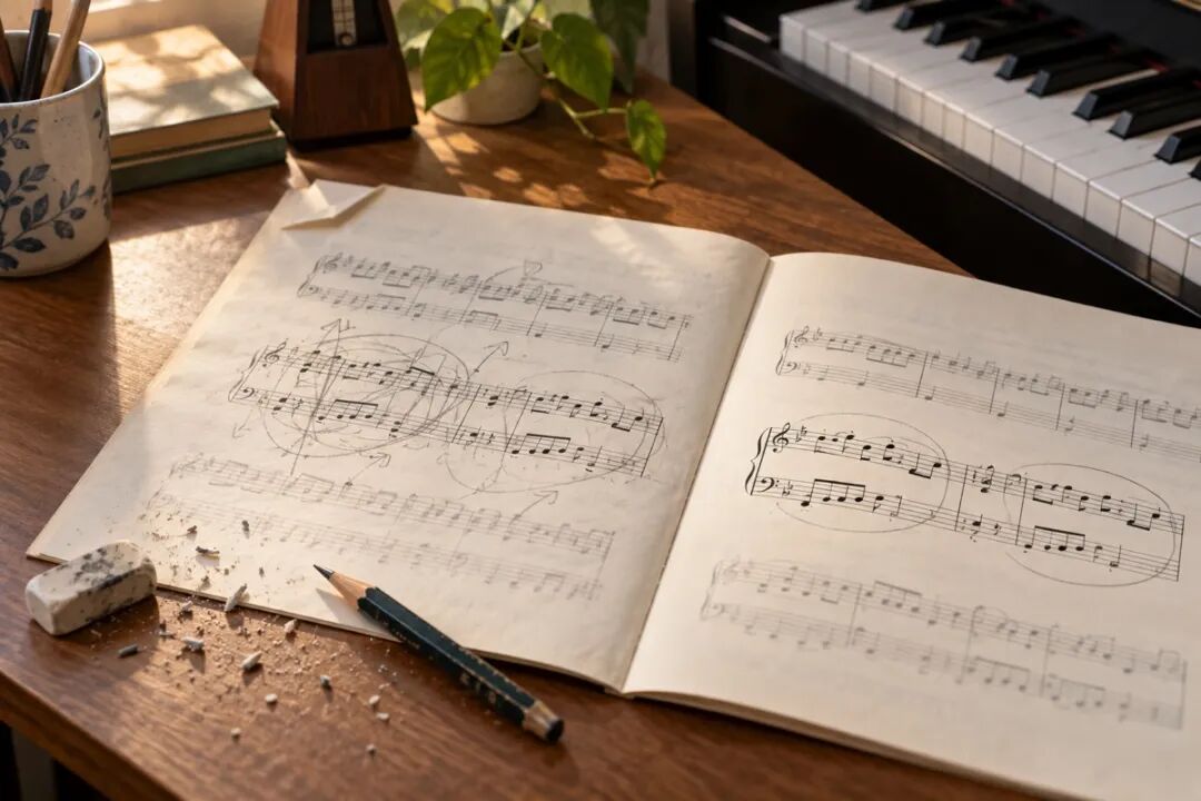 A tabletop still life: on a dog-eared score, circles around two measures become clearer and less cluttered. Eraser crumbs and a short pencil show repeated attempts, illustrating how to break down a difficult task. No people are shown.
