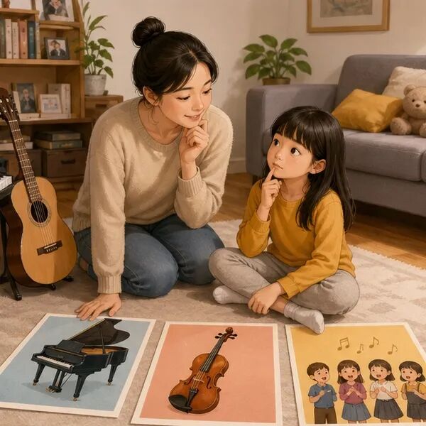 A parent and child choosing music activities together
