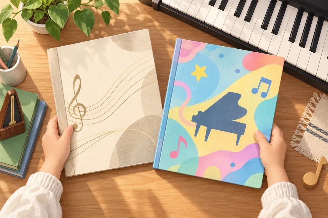 Two hands each hold a music book, one a classical collection and the other a colorful popular music collection, illustrating the option to substitute popular pieces in an exam.