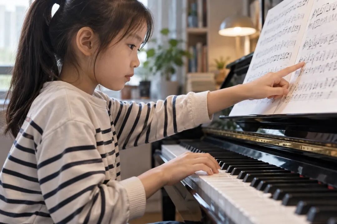 A close-up side view of a child’s hands during independent practice: one finger hovers above a piano key while the other hand lightly points to the corresponding spot on the printed score. The scene is slow and focused, avoiding a wide shot of a conventional playing posture.